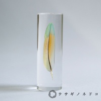 透明樹脂封存的桃面牡丹鸚鵡羽毛標本，羽毛呈現綠、黃、橘三色漸層，羽軸為深褐色。