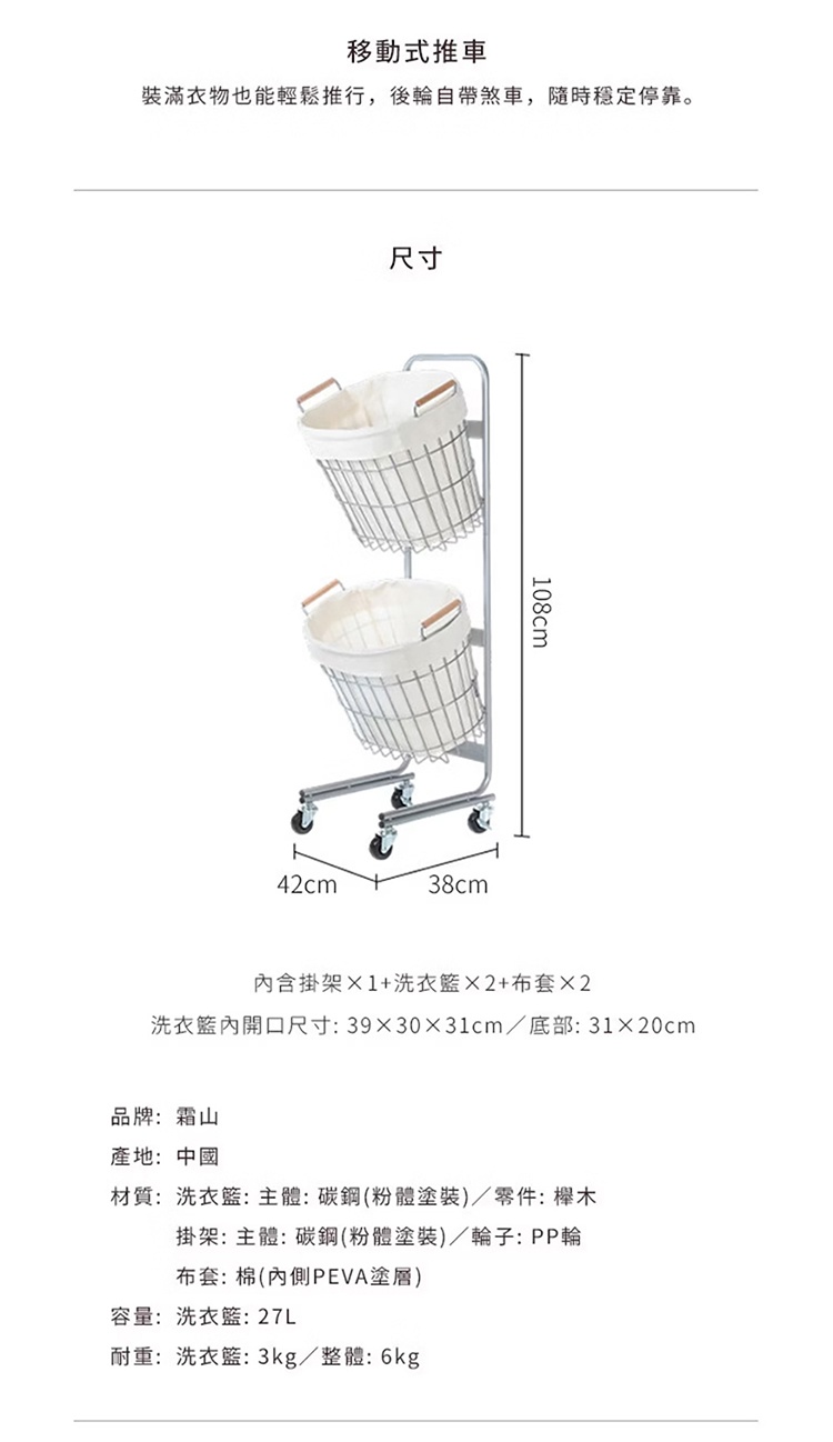 圖片文字：移動式推車裝滿衣物也能輕鬆推行，後輪自帶煞車，隨時穩定停靠。尺寸圖顯示產品高108公分，底部寬42公分與38公分。包含掛架1個、洗衣籃2個、布套2個。洗衣籃內開口尺寸39乘以30乘以31公分，底部31乘以20公分。品牌霜山，產地中國。材質洗衣籃主體碳鋼粉體塗裝，零件櫸木；掛架主體碳鋼粉體塗裝，輪子PP輪；布套棉內側PEVA塗層。容量洗衣籃27公升，耐重洗衣籃3公斤、整體6公斤。