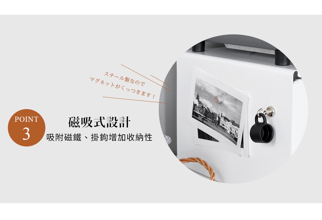 白色烤箱側面，以磁鐵吸附著黑白照片和一個黑色小掛鉤，展示其磁吸式設計。