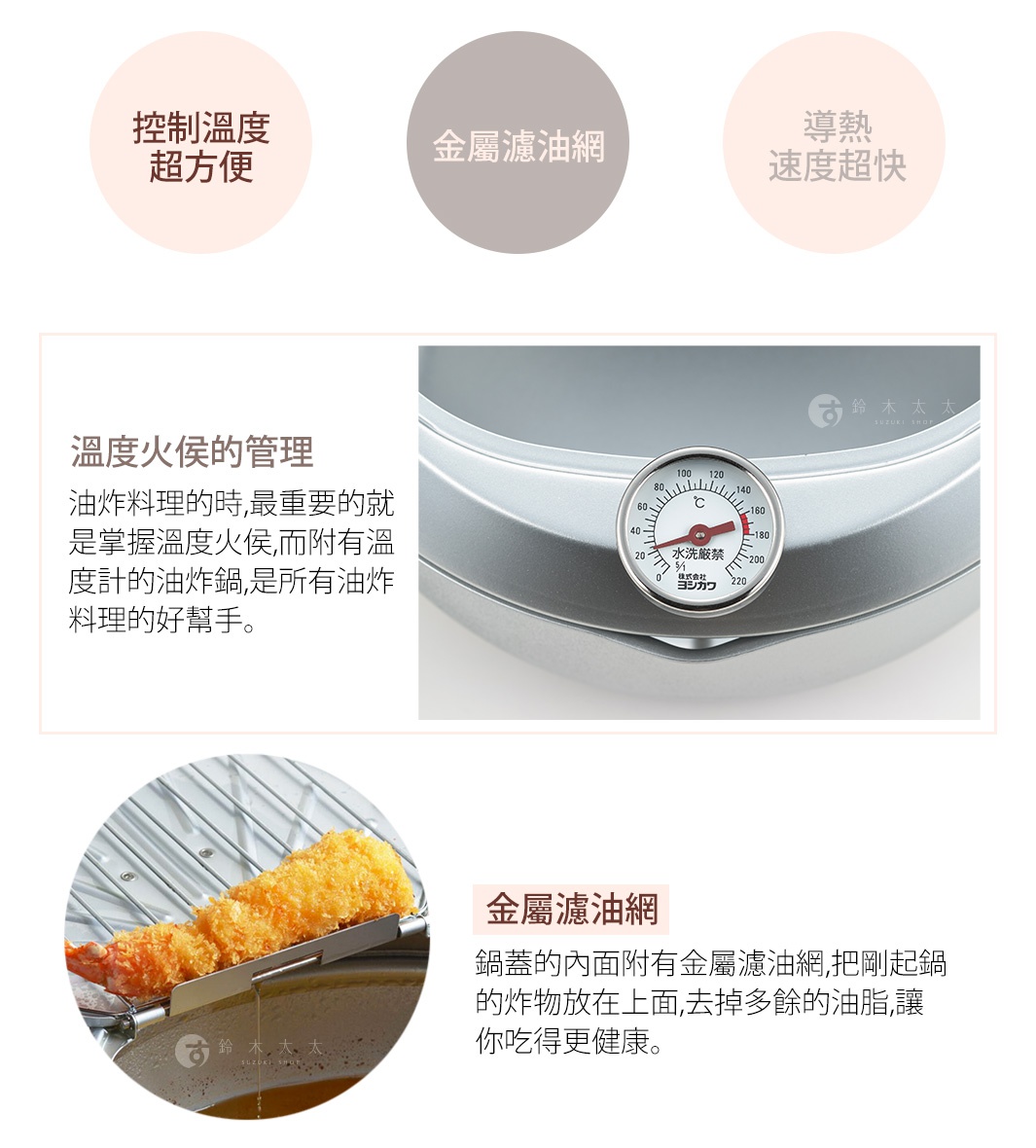 銀色金屬油炸鍋，鍋蓋中央設有溫度計，顯示攝氏度數。下方為炸好的炸蝦，放置在金屬濾網上。