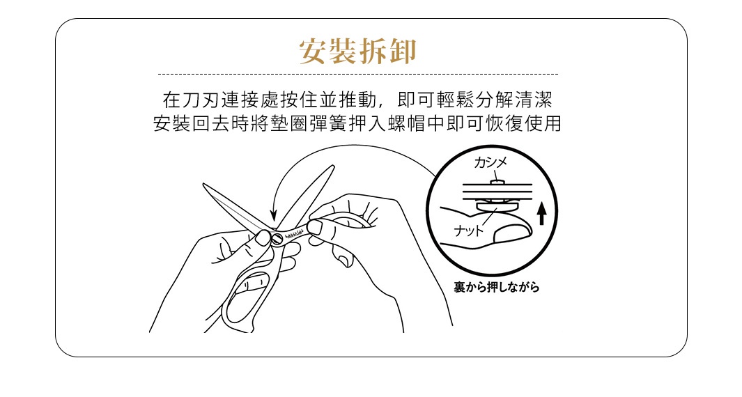 線條圖顯示一雙手正在操作可拆卸的不鏽鋼料理剪刀，展示如何將剪刀分解清潔的步驟。特寫圓形圖示說明了剪刀的連接處。