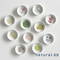 白色陶瓷迷你小菜碟，共五款，每款皆以手繪風格描繪不同蔬菜圖案，包括紅蘿蔔、青江菜、番茄、玉米、花椰菜、南瓜、秋葵、香菇等，色彩柔和，碟子邊緣有細緻的裝飾。