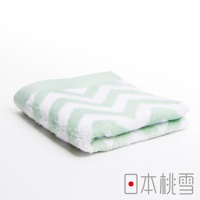 一條淺綠色與白色相間、帶有鋸齒狀圖案的毛巾，材質柔軟，對折放置於白色背景上。