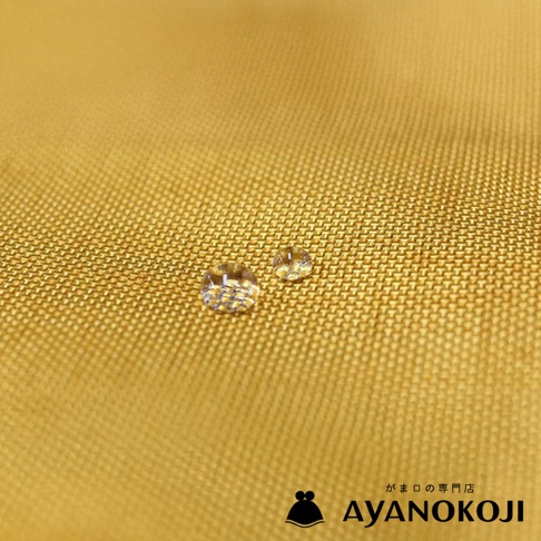 一塊金黃色布料特寫，上面有兩顆圓潤的水珠，右下角有 AYANOKOJI 的 Logo 和日文文字。