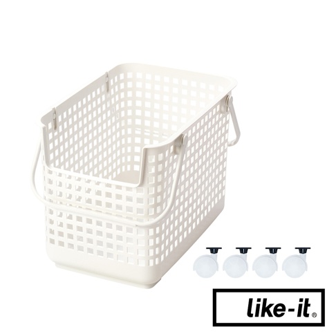 白色塑膠洗衣置物籃，具有網格狀設計與提把，附有四個白色滾輪。