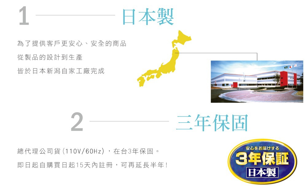 日本製造，適用12坪的空氣清淨保濕機HD-9000T。圖片包含日本地圖、現代化廠房及三年保固標誌。