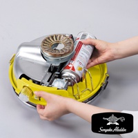 綠色卡式瓦斯暖爐，銀色金屬爐頭，可見瓦斯罐安裝過程，產品帶有黃色提把及金色旋鈕。