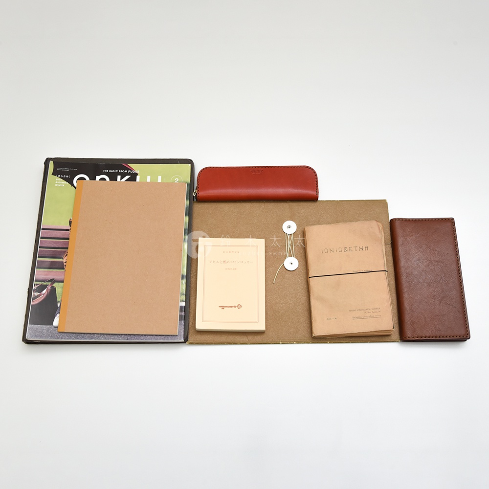 多個皮革製品，包含一本棕色筆記本、一本米色小冊子、一本牛皮紙封面的文件，以及一個紅色皮革筆夾和一個棕色長夾。