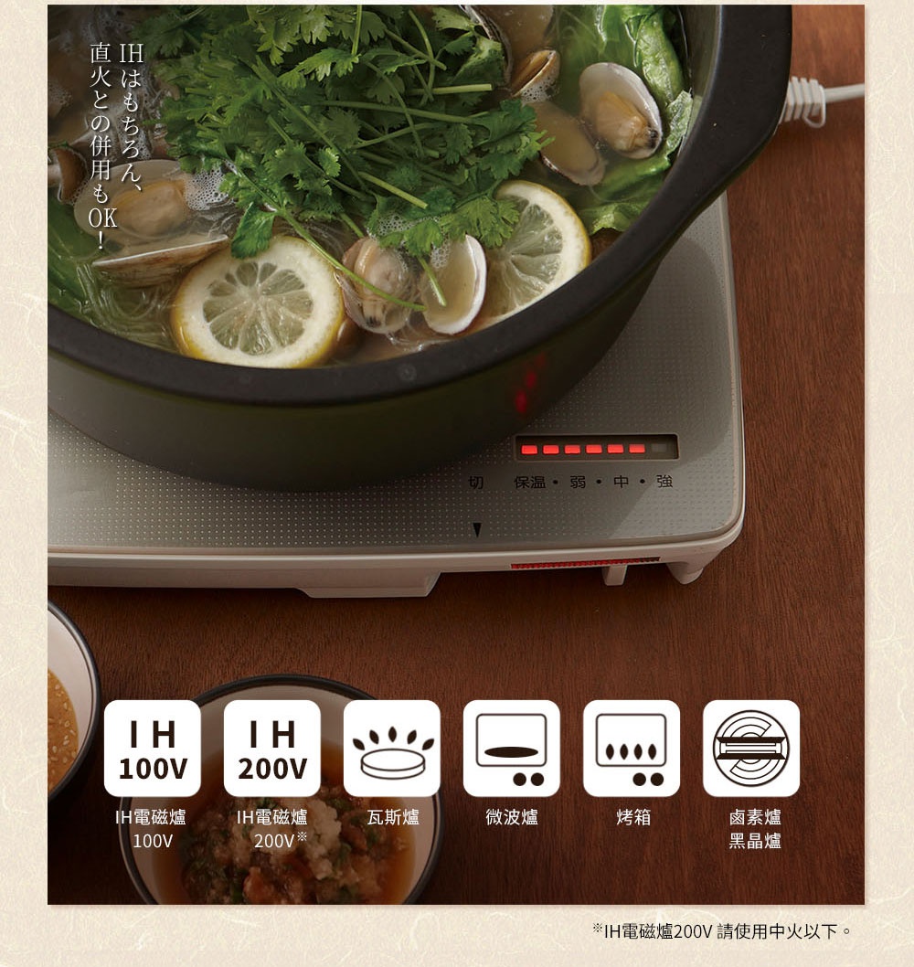 藍色陶土湯鍋盛滿湯料，內有蛤蜊、檸檬片、香菜等，置於白色IH爐上，爐面顯示紅色燈號，下方圖示包含IH磁應爐100V/200V、瓦斯爐、微波爐、烤箱、鹵素爐/黑晶爐。