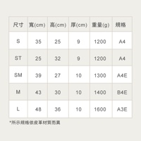 表格顯示職人手作皮革軟式杜勒斯包 BJ-68 的尺寸、寬度、高度、厚度、重量及規格。尺寸包含 S、ST、SM、M、L，對應的規格為 A4、A4、A4E、B4E、A3E。