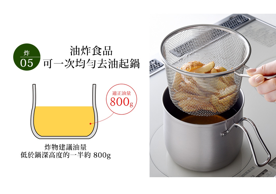 不鏽鋼料理鍋內有炸薯條的濾網籃，鍋中裝有黃色食用油，顯示建議油量為 800 克。