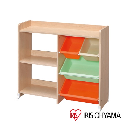 木質兒童玩具收納架，附有開放式層架及四個不同顏色的收納盒，包括橘色、米色和綠色。