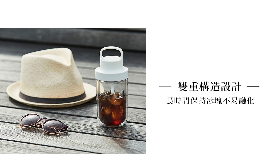 TO GO BOTTLE 雙層隨手瓶，透明玻璃瓶身裝有冰塊與飲料，配有白色瓶蓋和提把，放置於木桌上，一旁有草帽和太陽眼鏡。