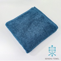 深藍色長纖浴巾，質地柔軟，表面有細緻的絨毛，邊緣有整齊的縫線。