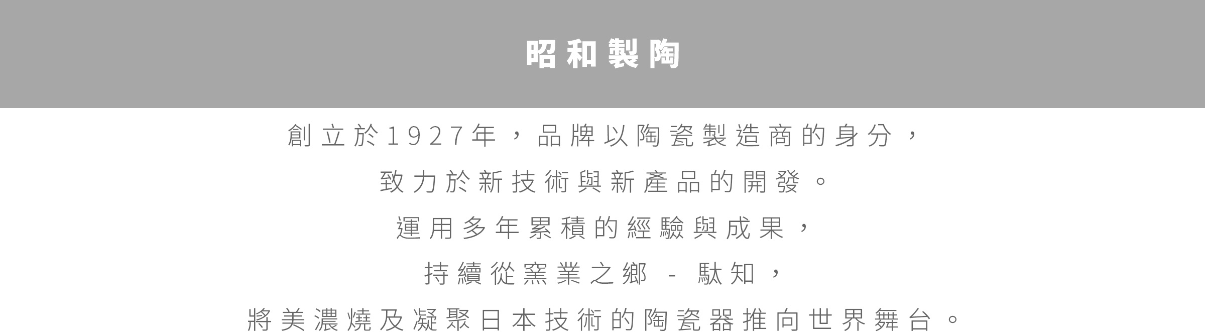 昭和製陶 四行介紹文字，內容關於品牌創立於1927年，致力於新技術與新產品開發，並將優美濃燒和日本技術的陶瓷器推向世界舞台。