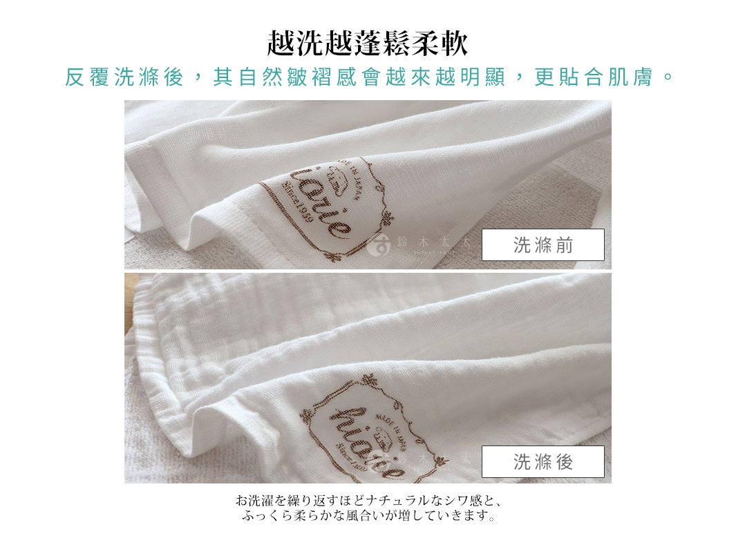 這張圖片展示了毛巾洗滌前後的對比，上方是洗滌前的狀態，下方是洗滌後的狀態。兩張圖片均為白色紗布方巾，上面印有褐色花紋的品牌標籤。洗滌前的毛巾看起來較為平整，而洗滌後的毛巾則呈現出更加蓬鬆柔軟的質感，邊緣的紗布紋理也更加明顯，文字標示著「洗滌前」和「洗滌後」。