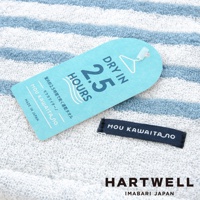 今治2.5縮時速乾瞬吸薄毛巾，藍白條紋，材質為棉，附有標籤說明「DRY IN 2.5 HOURS」及「MADE IN JAPAN」。