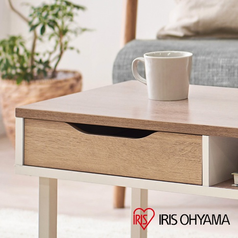 木質茶几 WCT-800，桌面與抽屜為淺木紋色，搭配白色金屬桌腳。抽屜前方有一個弧形開口。