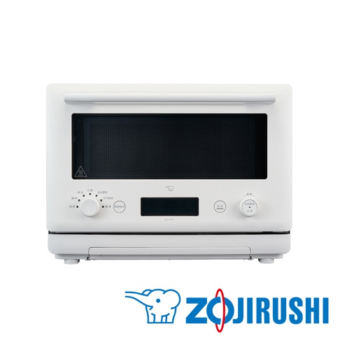 白色烤箱式微波爐，前面板有黑色網狀烤箱門、黑色 LCD 顯示螢幕、旋鈕式控制面板，上面印有日文功能選項。