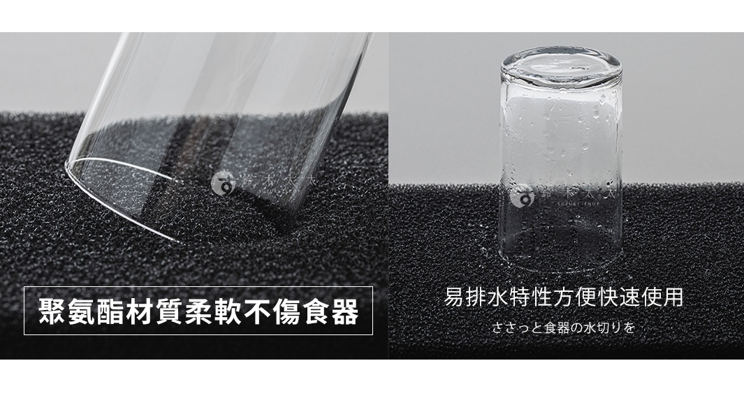 黑色蜂窩紋理的速乾瀝水墊，墊上放置一個玻璃杯，杯身有水珠，展示其優異的吸水及快乾特性。