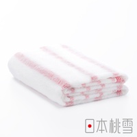 今治輕柔橫條浴巾，白色基底搭配紅色橫條紋，材質觸感輕柔，質地蓬鬆，呈現簡約舒適的風格。