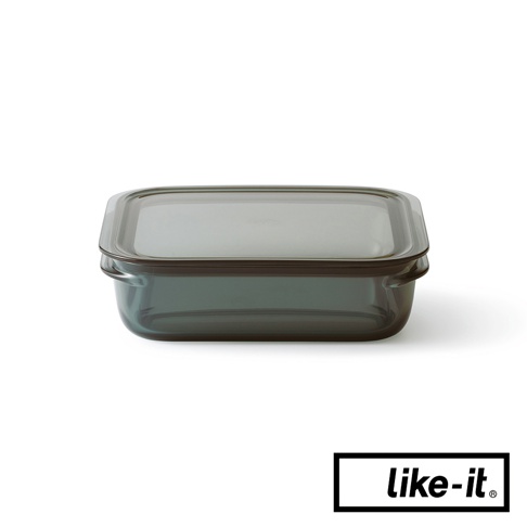 一個帶有灰色半透明蓋子的長方形深灰色玻璃保鮮盒，容量為 1200ml，具有簡潔的設計和兩側的提把。