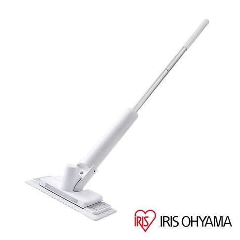 白色電動平板拖把，主體為白色塑膠材質，配備銀色金屬伸縮桿，拖把頭設計扁平，可360度旋轉，整體造型簡潔現代。