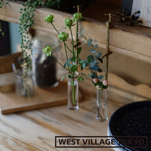 黃銅可夾式玻璃花器，兩個玻璃試管狀花瓶，分別插入綠色花苞和尤加利葉，由黃銅夾子固定在木質層架上。