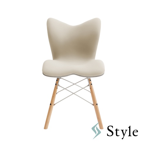 淺米色布藝椅面，椅背呈蝴蝶結狀，坐墊為雙弧形設計。椅腳由木紋色實木製成，搭配白色金屬交叉支架。