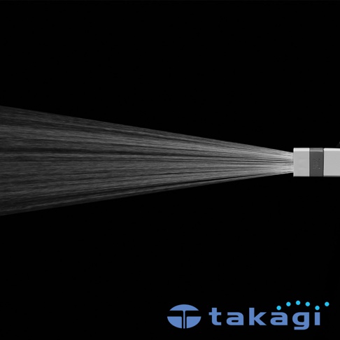 銀灰色帶有黑色按鈕的園藝水槍，正噴射出細密的白色水流，背景為黑色，下方有takagi品牌標誌。