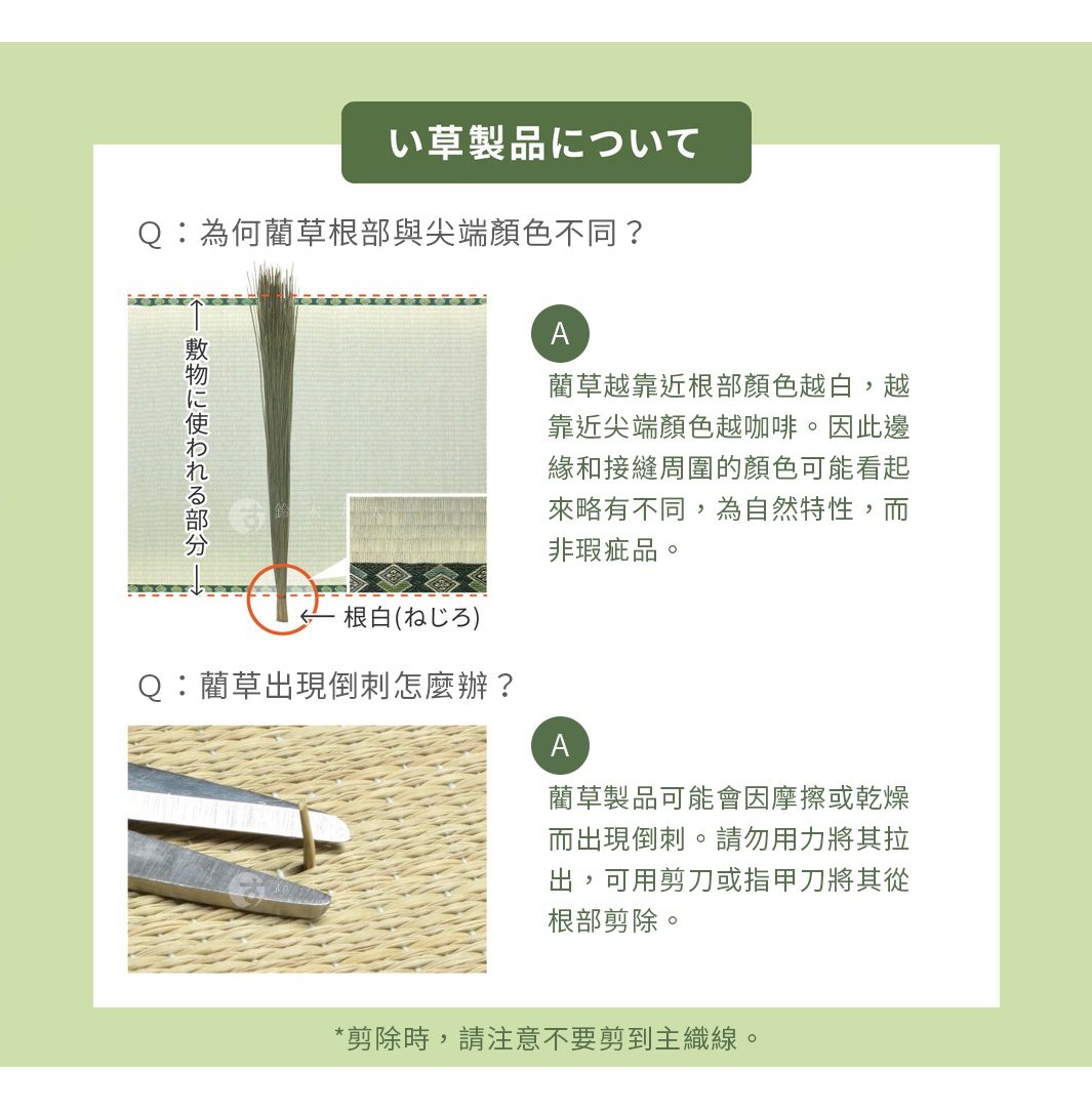 Ｑ：為何藺草根部與尖端顏色不同？ 藺草越靠近根部顏色越白，越靠近尖端顏色越咖啡。因此邊緣和接縫周圍的顏色可能看起來略有不同，為自然特性，而非瑕疵品。 Ｑ：藺草出現倒刺怎麼辦？ 藺草製品可能會因摩擦或乾燥而出現倒刺。請勿用力將其拉出，可用剪刀或指甲刀將其從根部剪除。 *剪除時，請注意不要剪到主織線。