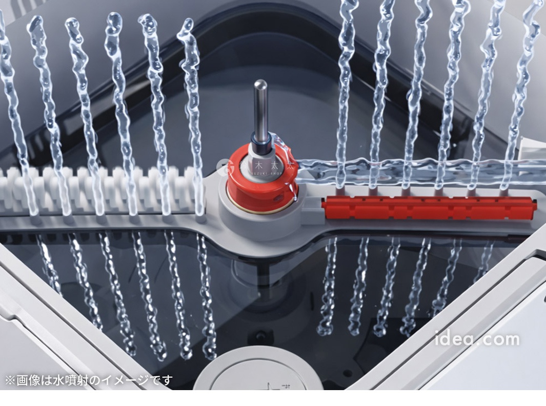 從上方俯視的角度拍攝，展示了COGIT旋轉清潔拖把內部的旋轉噴水結構。中心是一個帶有紅色底座的旋轉軸，連結著兩側的長條狀噴嘴，水柱正均勻且強力地向上噴射，底部反射出清晰的水流影像，整體呈現出機械清潔設備的運作演示效果。