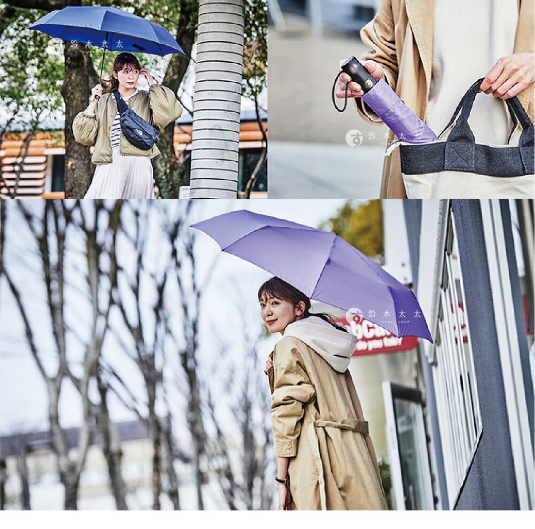 三張圖片展示了VERYKAL 8防反彈設計羽量級8骨自動傘。左上圖顯示一把藍色傘，由一位女性持握。右上圖為紫色傘收納於包中。下方圖為一位女性撐著紫色傘。