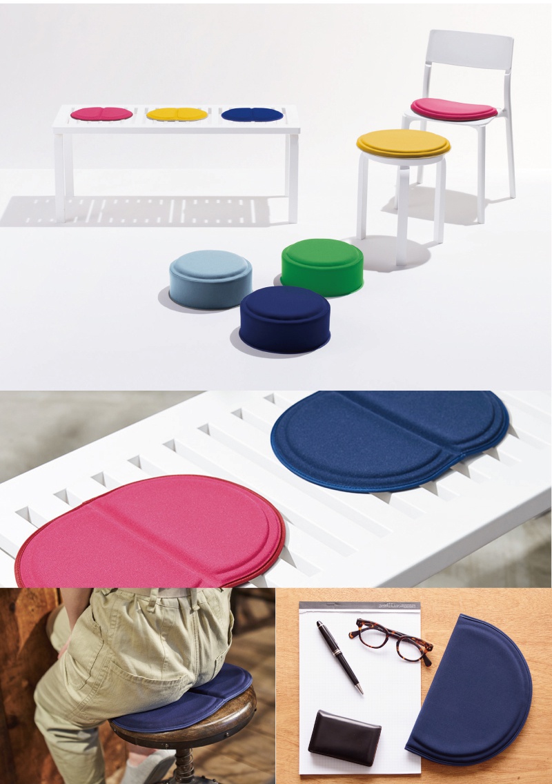 MINI PUNI Plus 坐墊，圓形與橢圓形設計，有粉紅、黃色、藍色、淺藍色、綠色等多種顏色，材質為柔軟織物，可單獨使用或放置於椅子、長凳上。