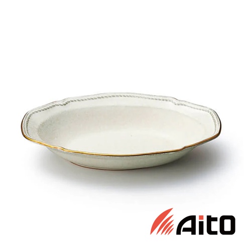 Aito Stitch 美濃燒金彩浮雕橢圓深盤，瓷盤邊緣有金色裝飾和精緻的浮雕紋路。