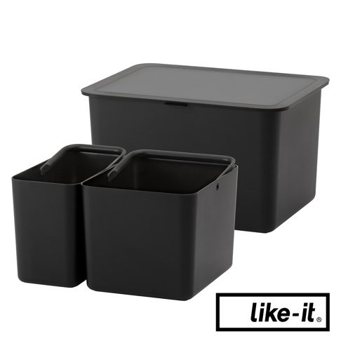 like-it 黑色收納箱搭配兩個分隔盒，其中一個分隔盒內有量杯。