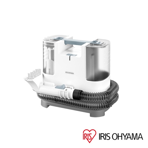 IRIS OHYAMA RNS-P10 自動給水織物清潔機，機身以白色塑膠為主，搭配透明水箱，並有灰色軟管和清潔刷頭。