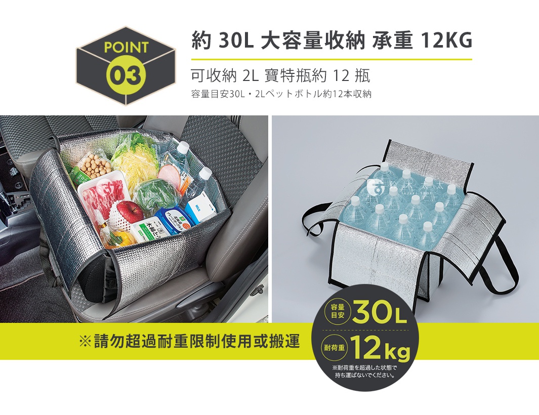 圖片文字：POINT 03 約 30L 大容量收納 承重 12KG 可收納 2L 寶特瓶約 12 瓶 容量目安30L 2Lペットボトル約12本収納 ※請勿超過耐重限制使用或搬運 容量目安 30L 耐荷重 12kg ※耐荷重を超過した状態で持ち運ばないでください。