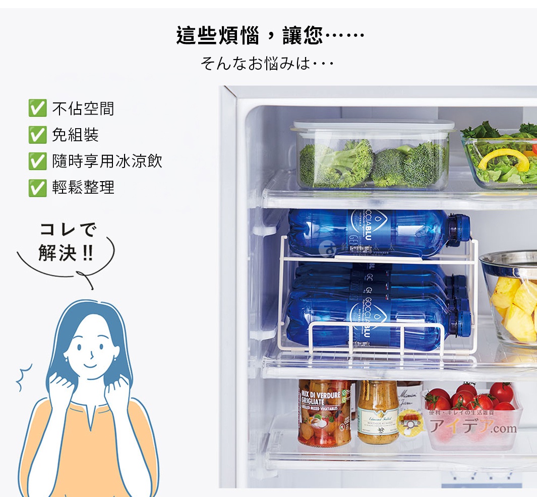 白色滾動式寶特瓶專用雙層收納架，架上整齊擺放著兩排藍色瓶身的飲用水，架子下方還有罐頭和玻璃瓶裝的醬料。