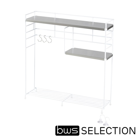 白色金屬三層收納架，帶有灰色置物層板，上方附有三個S型掛勾。