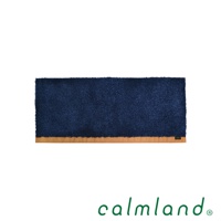 一張深藍色、絨毛材質的長方形廚房地墊，底部有一條淺棕色邊緣，右下角有白色標籤。