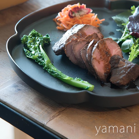 Tsudoi 黑鐵釉美濃燒花型盤，盛裝著切片烤牛肉、綠色蔬菜及胡蘿蔔絲。盤子呈現不規則的圓形，邊緣帶有波浪狀的造型，質地為霧面的黑色鐵釉。