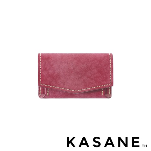 北海道KASANE 職人手作義大利Margot皮革迷你雙折短夾，紅色，有縫線細節