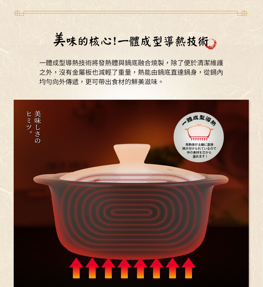 IH系列9號耐溫差和風陶土湯鍋3.2L，鍋身為深棕色陶土材質，配有淺米色陶土鍋蓋，鍋蓋上有精緻的紋飾。鍋內顯示導熱技術，紅色線條模擬熱能從鍋底均勻傳導至鍋身。