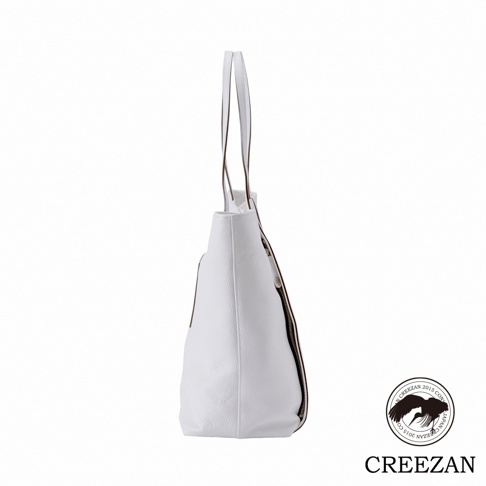 JETTER 大容量肩背托特包 CJTE-025，白色荔枝紋皮革材質，側面有拉鍊設計，配有細長提把，風格簡約。