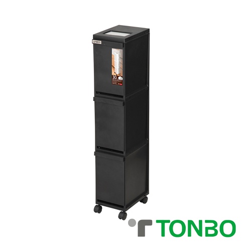 黑色三層抽屜式分類垃圾桶，頂部有透明方形開口，側面有 UNEED 品牌標誌和產品資訊貼紙，垃圾桶下方配有四個小型黑色輪子。