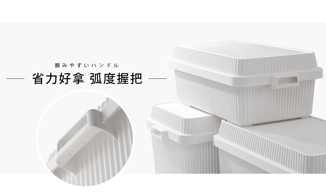 白色可疊式波浪紋收納箱，箱體兩側設有方便提取的提手，箱蓋亦有紋路設計，可堆疊收納。
