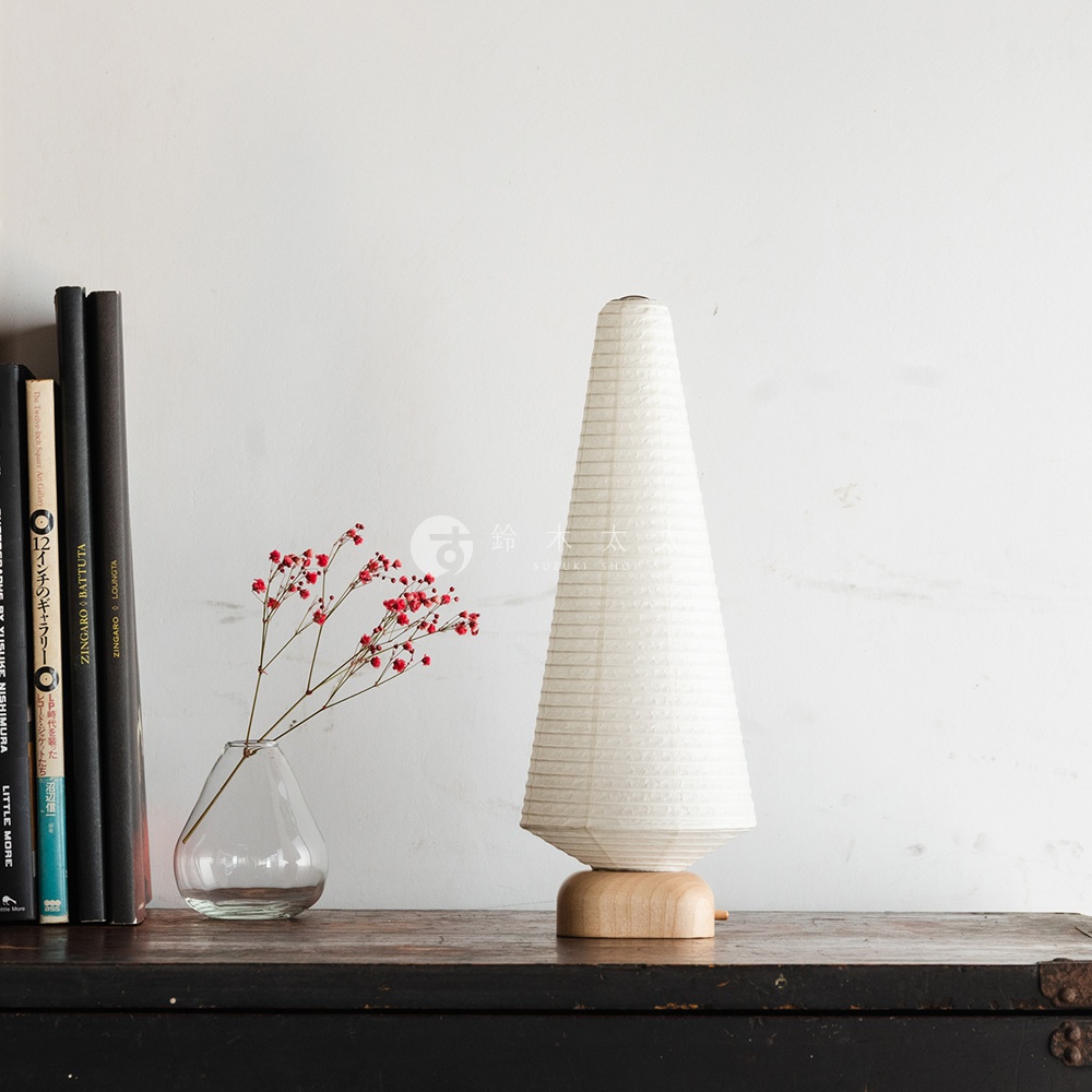 紙製圓錐形迷你裝飾提燈，白色，帶有木質底座，旁邊擺放著裝有紅色漿果枝的玻璃花瓶和幾本黑色書籍。