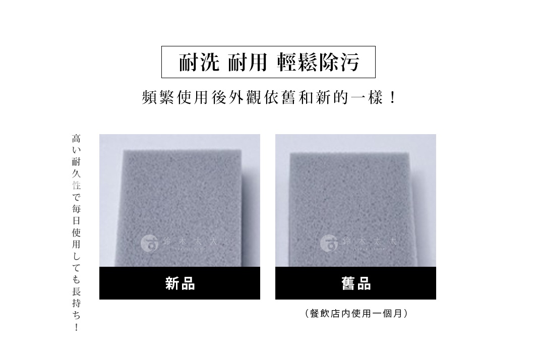 兩塊灰色海綿特寫，分別標示「新品」和「舊品」，展示其耐洗耐用的特性。