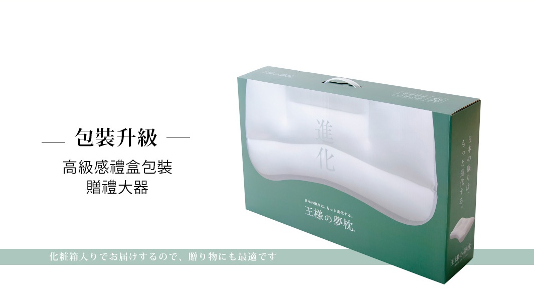 綠色禮盒包裝內的王樣の極夢枕，枕頭呈現白色，枕套材質為天絲 TENCEL，枕頭呈現人體工學曲線設計。